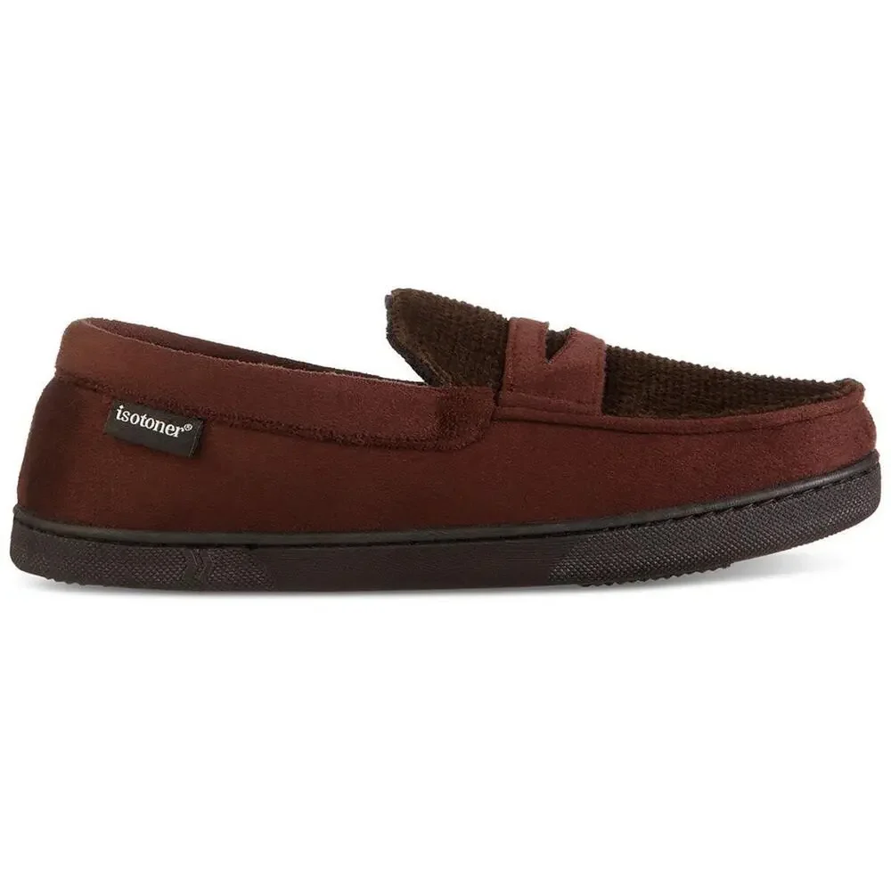 Isotoner Mens Moccasin Slippers Sz Medium 8-9 Brown Faux Suede Memory Foam NEW